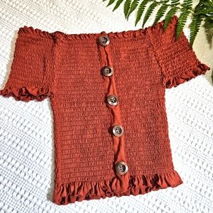 Boho Stretchy Burnt Orange off the shoulders top Size M Juniors